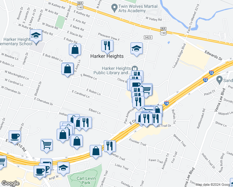 map of restaurants, bars, coffee shops, grocery stores, and more near 414 East Robin Lane in Harker Heights
