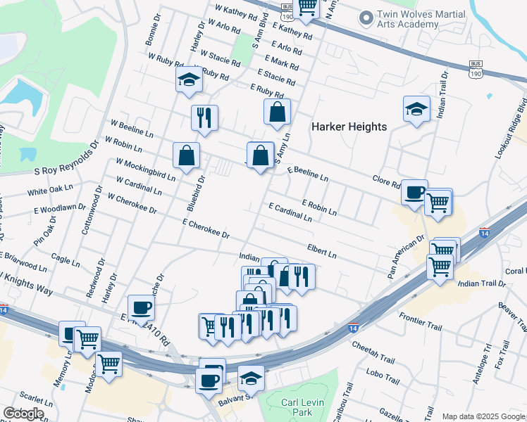 map of restaurants, bars, coffee shops, grocery stores, and more near 202 Dale Earnhardt Drive in Harker Heights