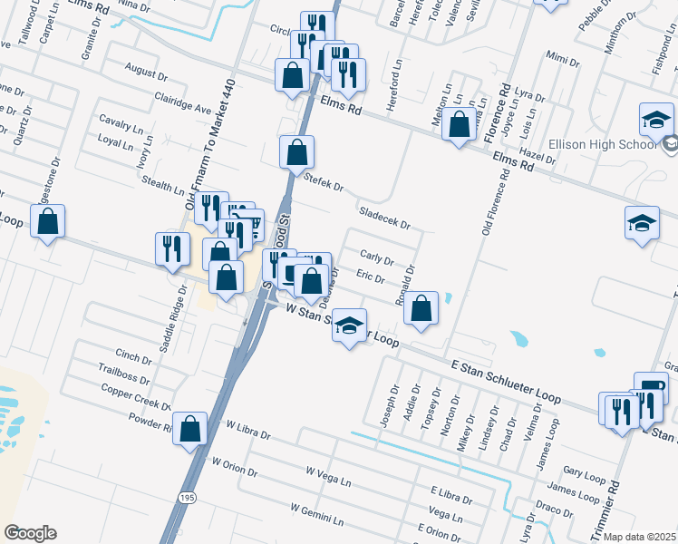map of restaurants, bars, coffee shops, grocery stores, and more near 508 Eric Drive in Killeen