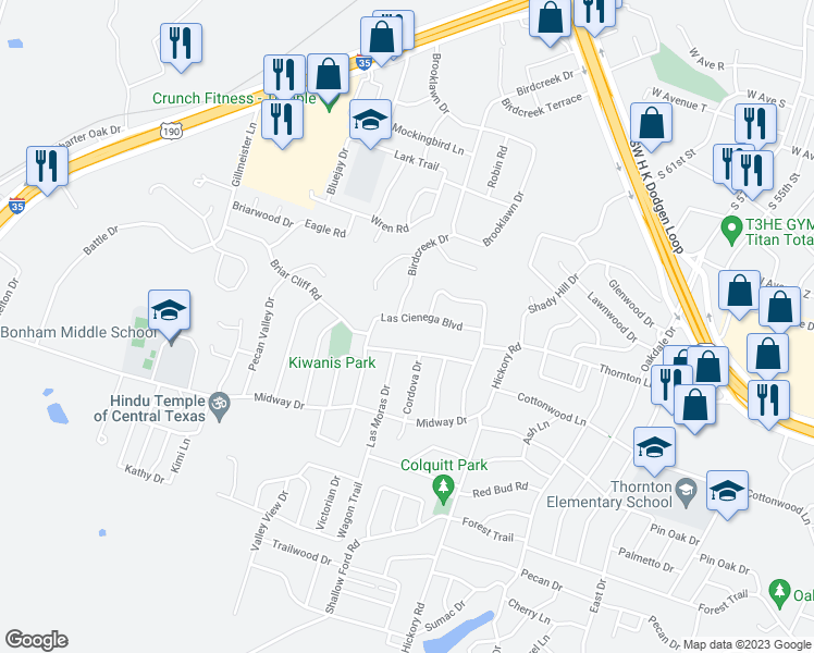 map of restaurants, bars, coffee shops, grocery stores, and more near 3805 Las Cienega Boulevard in Temple