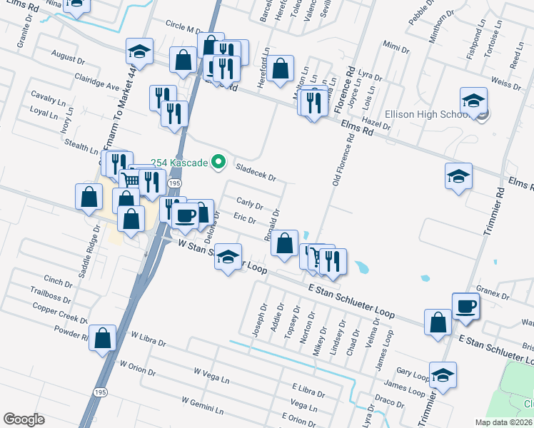 map of restaurants, bars, coffee shops, grocery stores, and more near 304 Eric Drive in Killeen