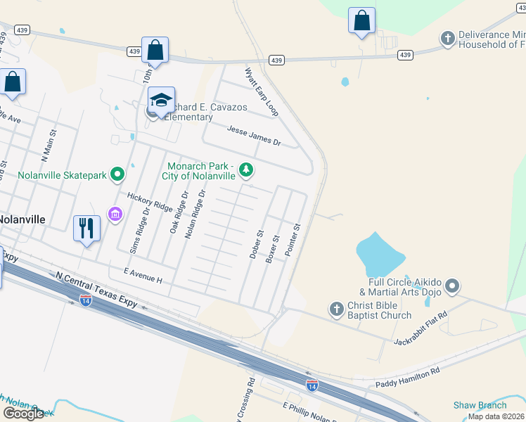 map of restaurants, bars, coffee shops, grocery stores, and more near 122 East Live Oak Street in Nolanville