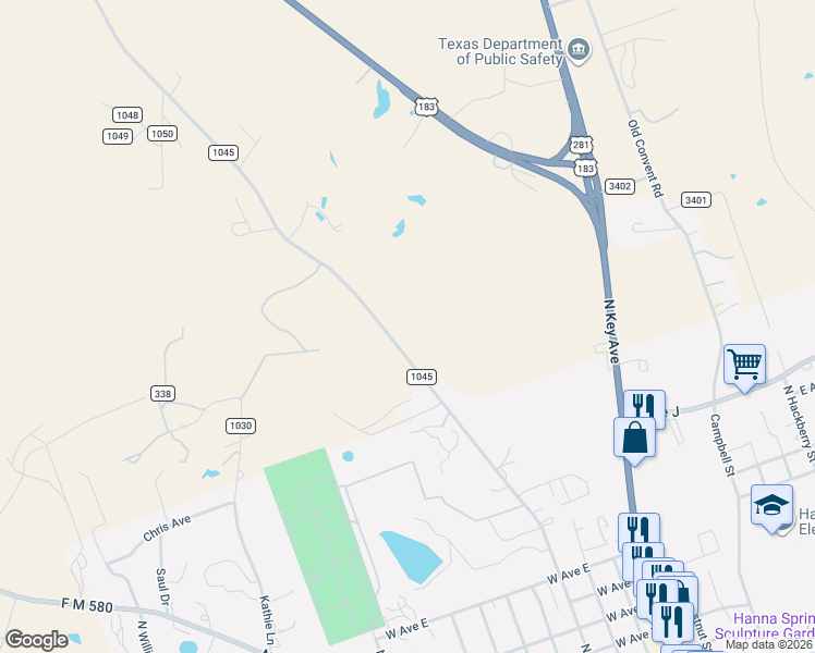 map of restaurants, bars, coffee shops, grocery stores, and more near 1302 County Road 1045 in Lampasas