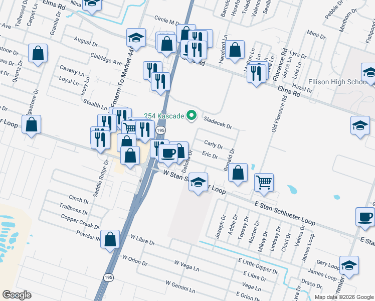 map of restaurants, bars, coffee shops, grocery stores, and more near 617 Deloris Drive in Killeen