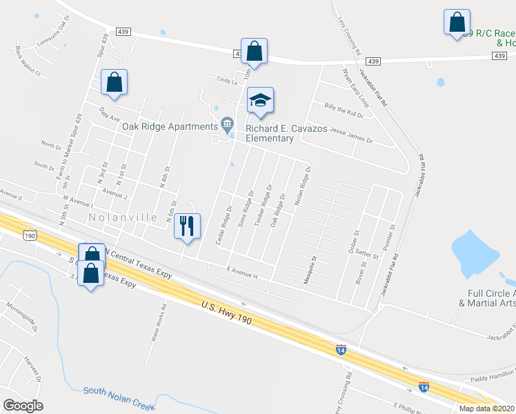 map of restaurants, bars, coffee shops, grocery stores, and more near 227 Timber Ridge Drive in Nolanville