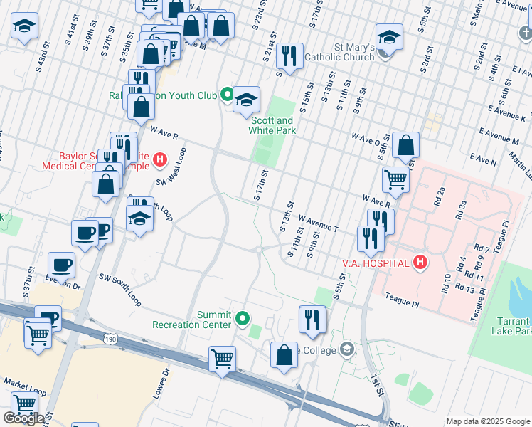 map of restaurants, bars, coffee shops, grocery stores, and more near 1911 South 15th Street in Temple