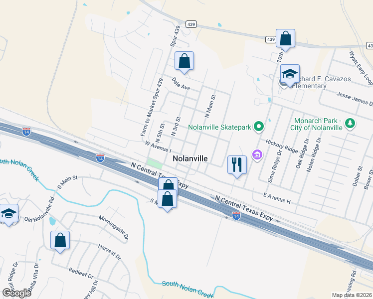 map of restaurants, bars, coffee shops, grocery stores, and more near 203 Avenue J in Nolanville
