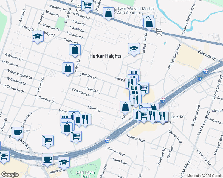 map of restaurants, bars, coffee shops, grocery stores, and more near 903 Mcclure Lane in Harker Heights
