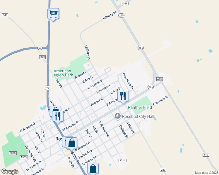 map of restaurants, bars, coffee shops, grocery stores, and more near 526 East Avenue F in Rosebud