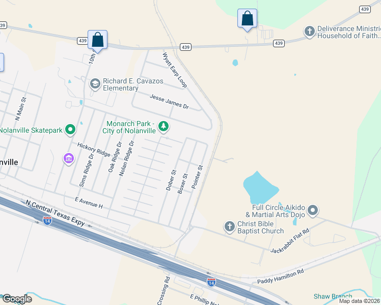 map of restaurants, bars, coffee shops, grocery stores, and more near 307 Boxer Street in Nolanville
