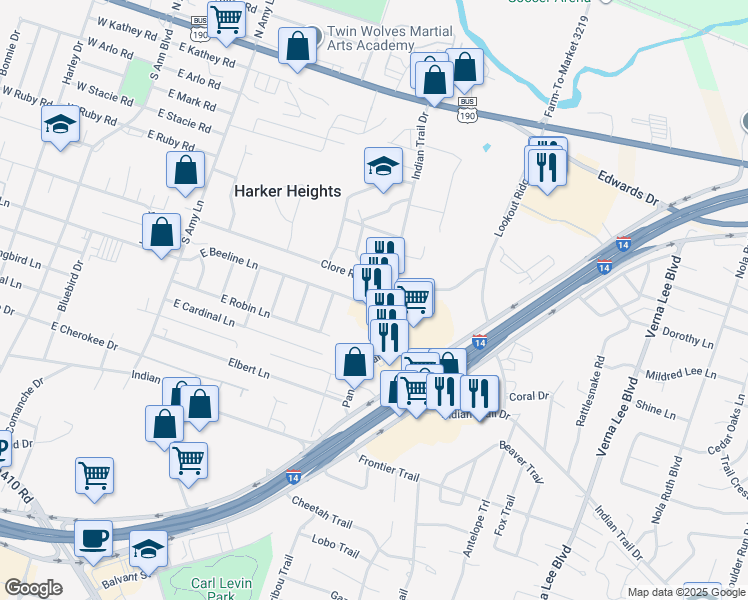 map of restaurants, bars, coffee shops, grocery stores, and more near 500 Clore Road in Harker Heights