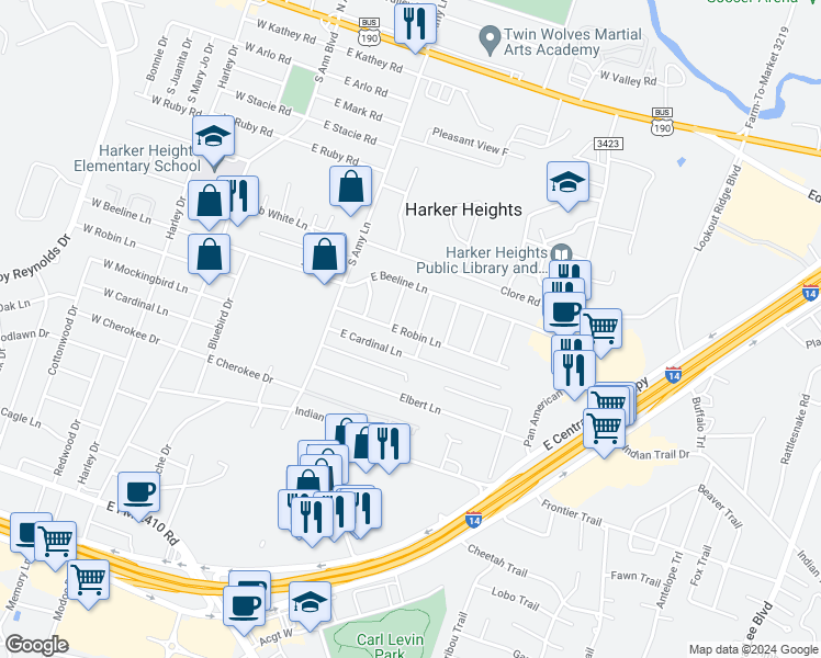 map of restaurants, bars, coffee shops, grocery stores, and more near 911 Travis Lane in Harker Heights