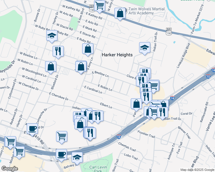 map of restaurants, bars, coffee shops, grocery stores, and more near 909 Crymes Lane in Harker Heights