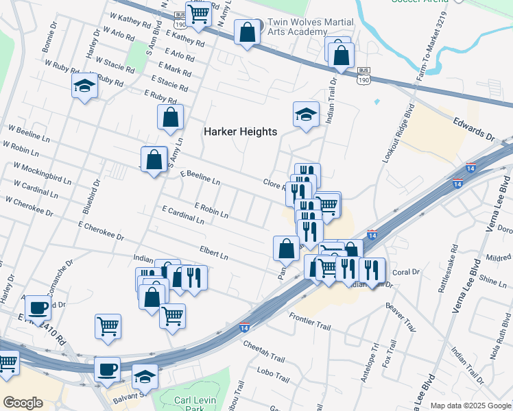 map of restaurants, bars, coffee shops, grocery stores, and more near 907 Mcclure Lane in Harker Heights