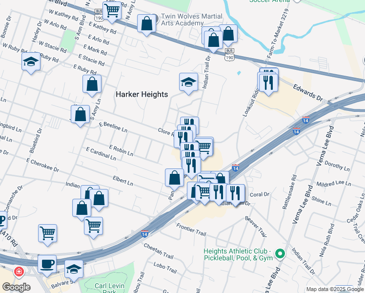 map of restaurants, bars, coffee shops, grocery stores, and more near 500 Clore Road in Harker Heights