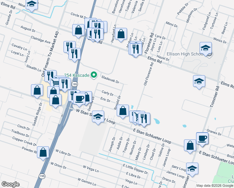 map of restaurants, bars, coffee shops, grocery stores, and more near 318 Deloris Drive in Killeen