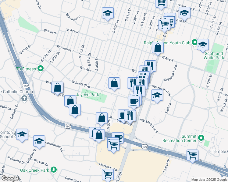 map of restaurants, bars, coffee shops, grocery stores, and more near 2002 Scott Boulevard in Temple