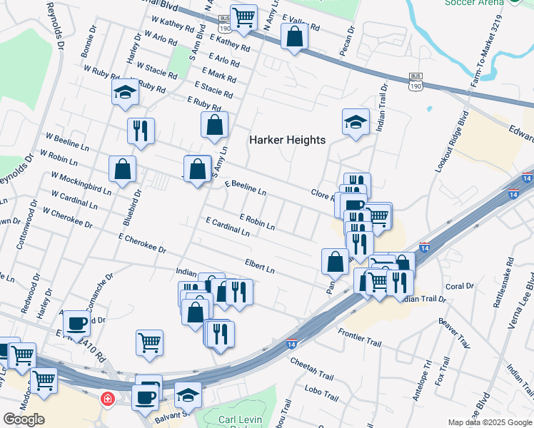 map of restaurants, bars, coffee shops, grocery stores, and more near 901 Daisy Drive in Harker Heights