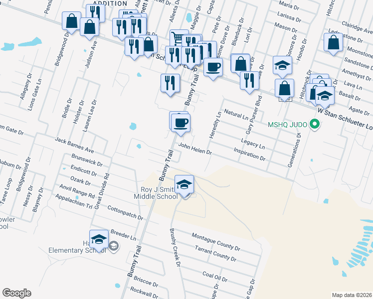 map of restaurants, bars, coffee shops, grocery stores, and more near 3103 Lineage Loop in Killeen