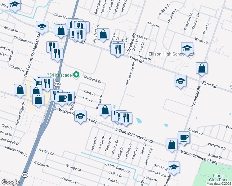 map of restaurants, bars, coffee shops, grocery stores, and more near 4309 Old Florence Road in Killeen