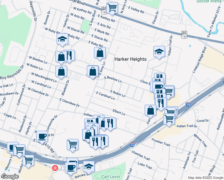 map of restaurants, bars, coffee shops, grocery stores, and more near 223 East Robin Lane in Harker Heights