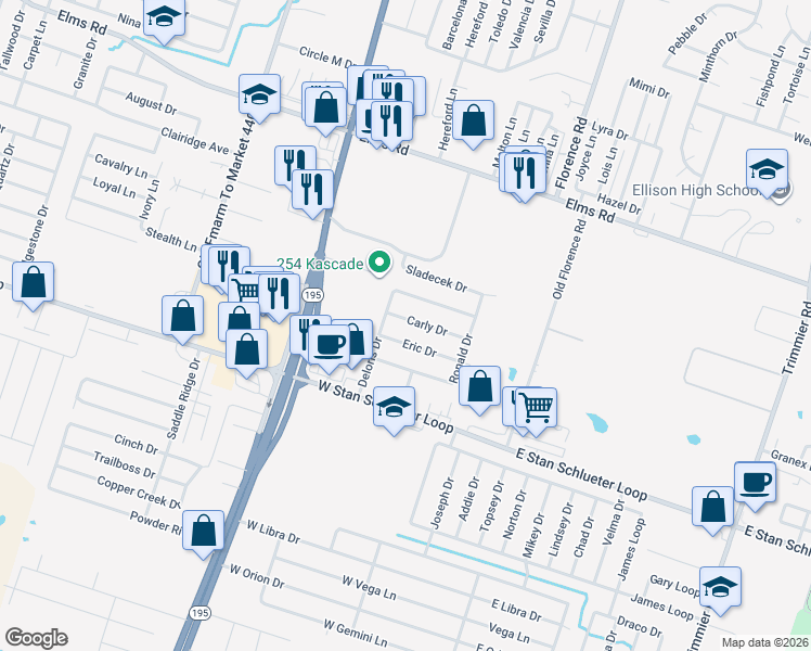 map of restaurants, bars, coffee shops, grocery stores, and more near 502 Carly Drive in Killeen