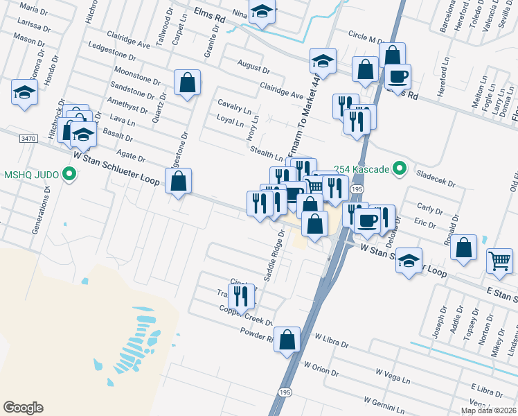 map of restaurants, bars, coffee shops, grocery stores, and more near 1311 West Stan Schlueter Loop in Killeen