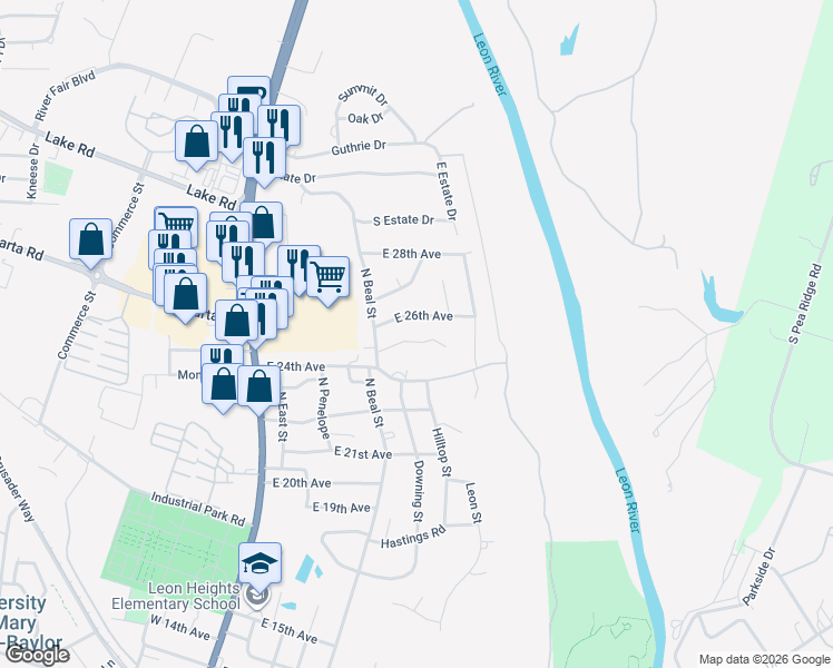 map of restaurants, bars, coffee shops, grocery stores, and more near 611 East 26th Avenue in Belton