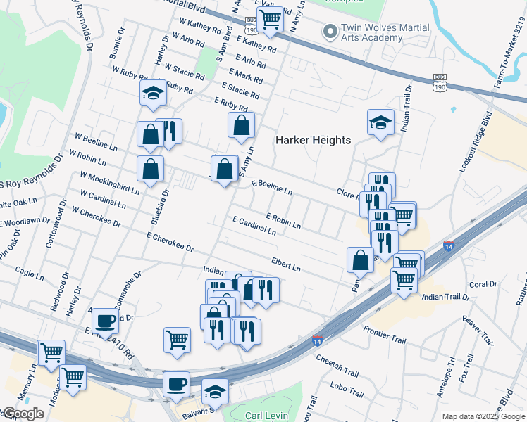 map of restaurants, bars, coffee shops, grocery stores, and more near b22 Watson Lane in Harker Heights