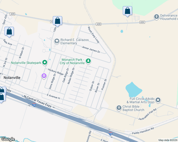 map of restaurants, bars, coffee shops, grocery stores, and more near 153 West Willow Street in Nolanville