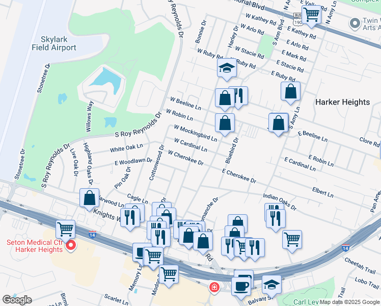 map of restaurants, bars, coffee shops, grocery stores, and more near 1520 Harley Drive in Harker Heights