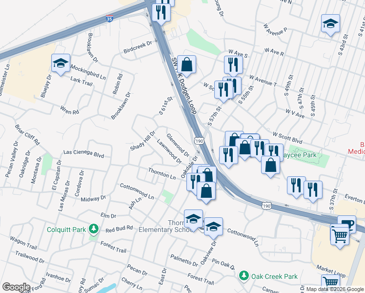 map of restaurants, bars, coffee shops, grocery stores, and more near 3114 Glenwood Drive in Temple
