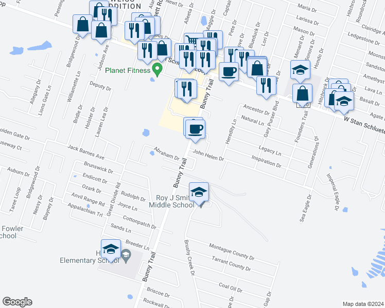 map of restaurants, bars, coffee shops, grocery stores, and more near 3103 Lineage Loop in Killeen
