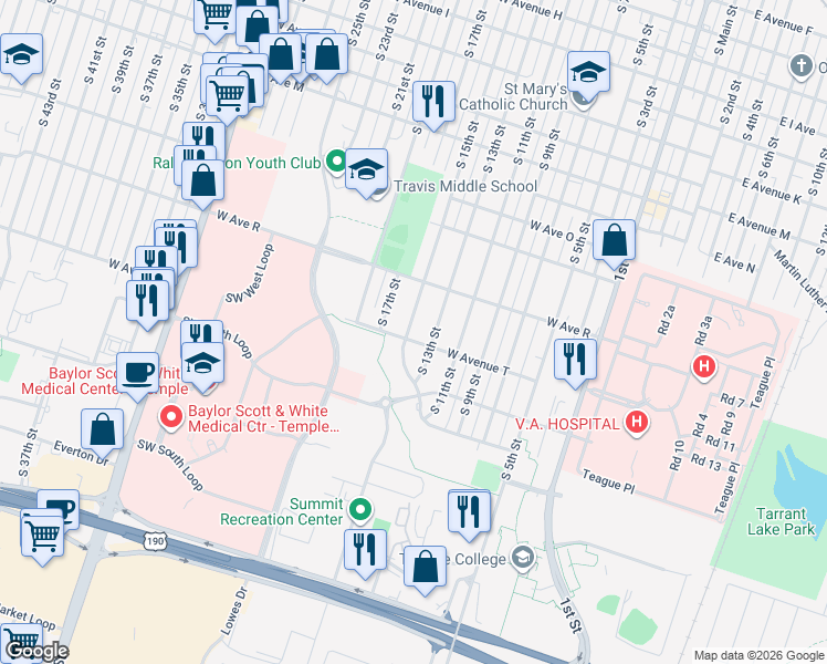 map of restaurants, bars, coffee shops, grocery stores, and more near 1911 South 15th Street in Temple