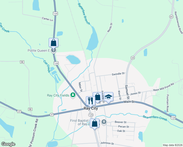 map of restaurants, bars, coffee shops, grocery stores, and more near 354 Miller Street in Ray City