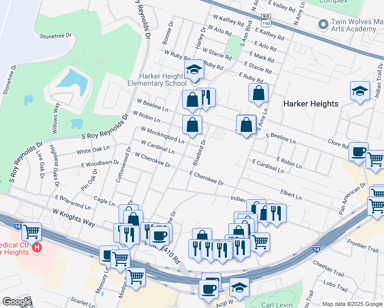 map of restaurants, bars, coffee shops, grocery stores, and more near 105 East Cardinal Lane in Harker Heights