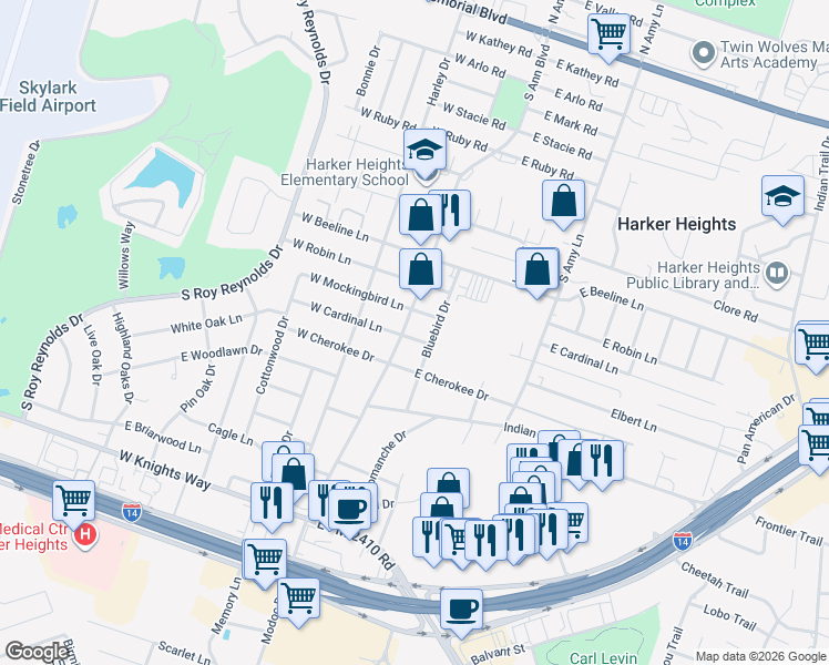 map of restaurants, bars, coffee shops, grocery stores, and more near 105 East Cardinal Lane in Harker Heights