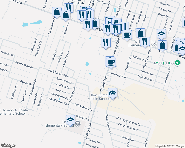 map of restaurants, bars, coffee shops, grocery stores, and more near 5607 Bunny Trail in Killeen