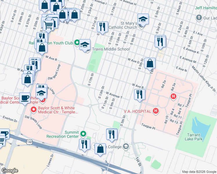 map of restaurants, bars, coffee shops, grocery stores, and more near 1910 South 11th Street in Temple