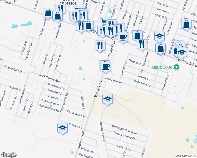 map of restaurants, bars, coffee shops, grocery stores, and more near 5505 Bunny Trail in Killeen