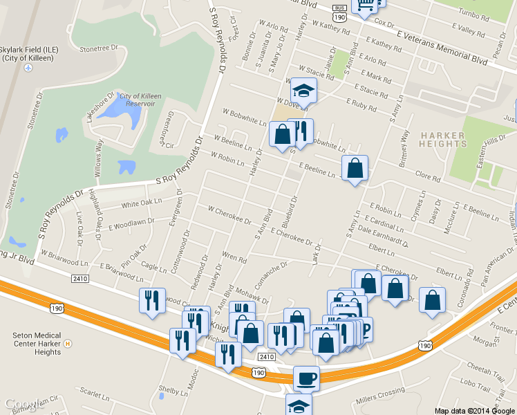 map of restaurants, bars, coffee shops, grocery stores, and more near 103 West Cardinal Lane in Harker Heights