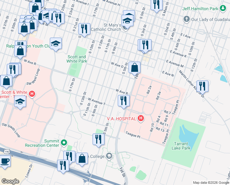 map of restaurants, bars, coffee shops, grocery stores, and more near 1809 South 7th Street in Temple