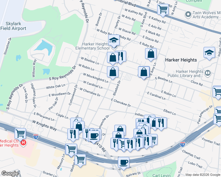 map of restaurants, bars, coffee shops, grocery stores, and more near 105 East Cardinal Lane in Harker Heights