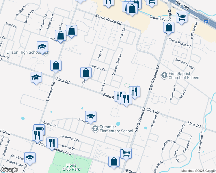 map of restaurants, bars, coffee shops, grocery stores, and more near 1706 Michele Drive in Killeen