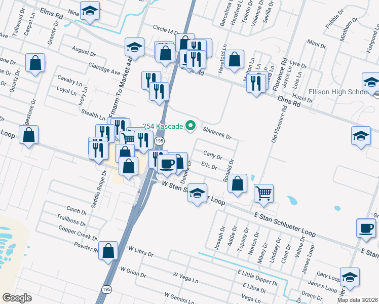 map of restaurants, bars, coffee shops, grocery stores, and more near 609 Deloris Drive in Killeen