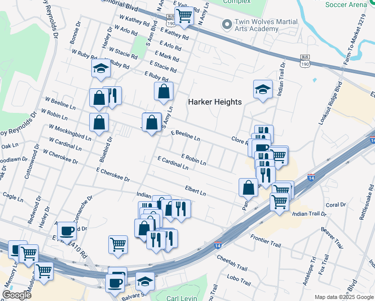 map of restaurants, bars, coffee shops, grocery stores, and more near 911 Travis Lane in Harker Heights