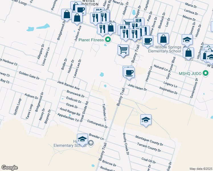 map of restaurants, bars, coffee shops, grocery stores, and more near 5607 Bunny Trail in Killeen