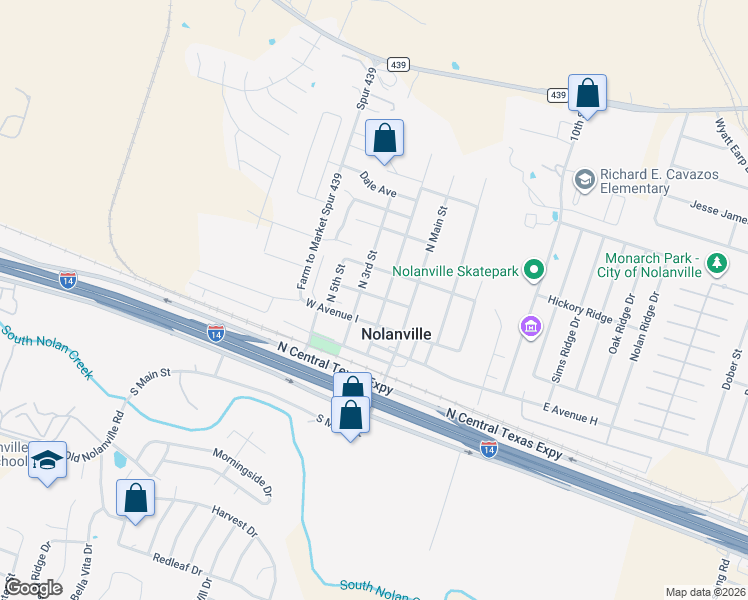 map of restaurants, bars, coffee shops, grocery stores, and more near 203 Avenue J in Nolanville