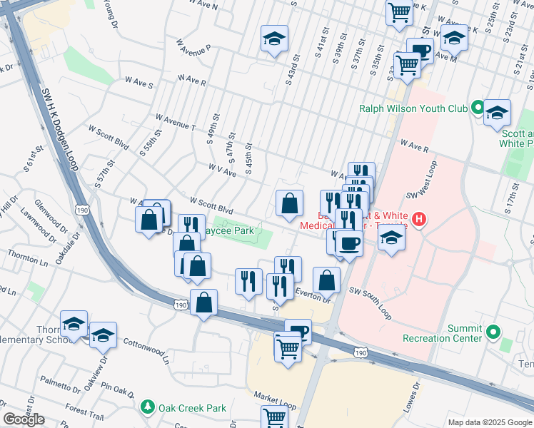 map of restaurants, bars, coffee shops, grocery stores, and more near 2002 Scott Boulevard in Temple