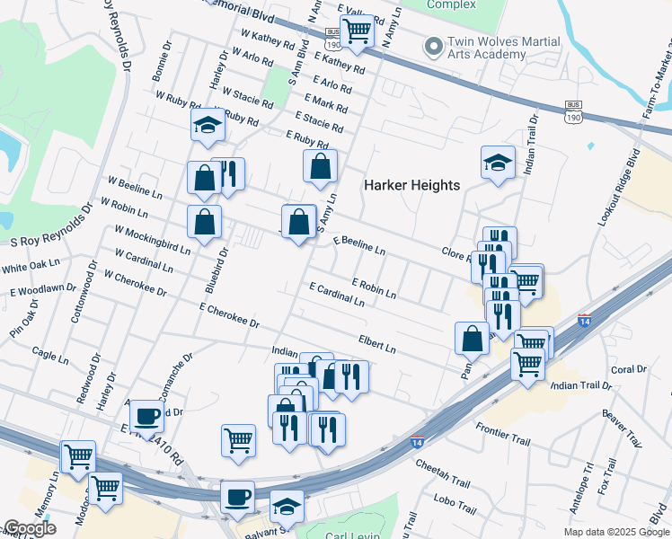 map of restaurants, bars, coffee shops, grocery stores, and more near b22 Watson Lane in Harker Heights